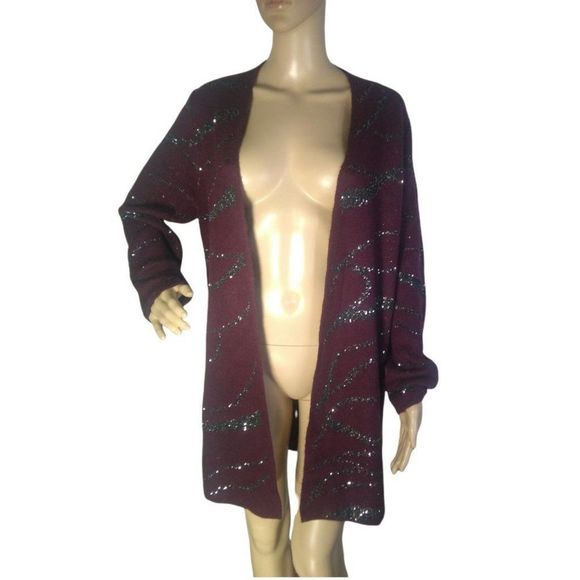 ALFANI  Long Sleeve Open Cardigan Sweater Jacket Berry Sequins  Size M New - Picture 4 of 7